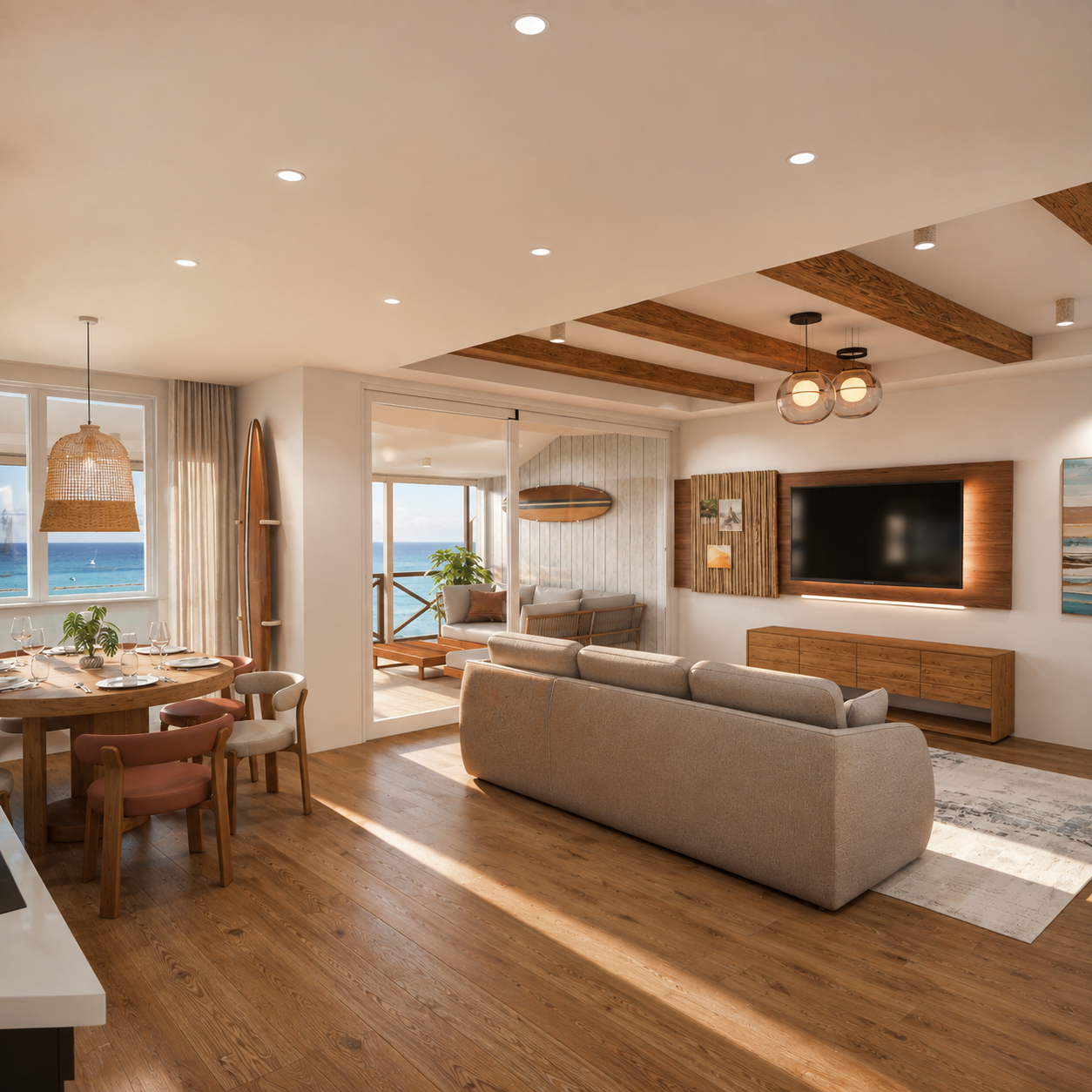 Visualisation of the Balatonalmádi apartment living room with a sliding glass wall onto the enclosed terrace and Lake Balaton