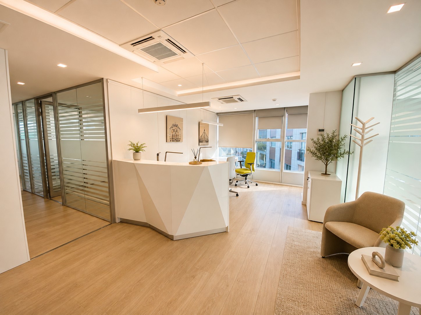 Reception of a Barcelona office with glazed internal partitions