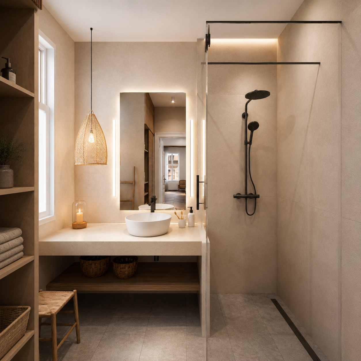 Second bathroom: cast counter with a single basin, open oak shelf with baskets below, a lit mirror strip, and a glass-screened walk-in shower with a linear drain
