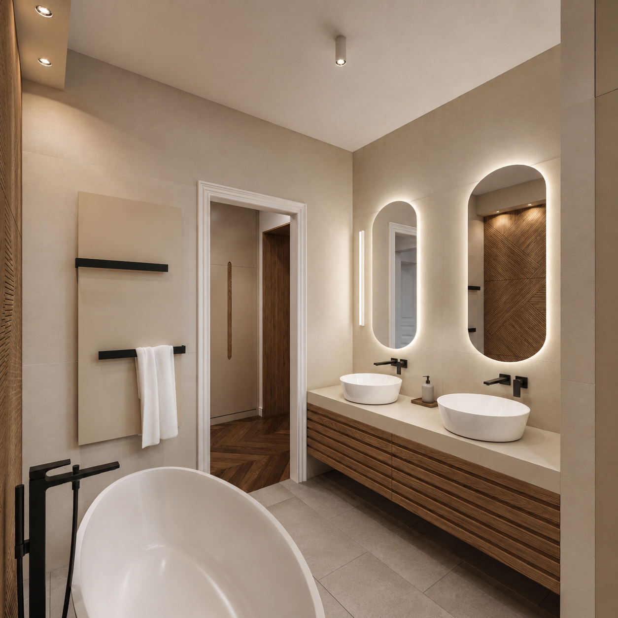 Bathroom with a freestanding tub, a long cast counter carrying two countertop basins, two backlit oval mirrors and a reeded oak vanity