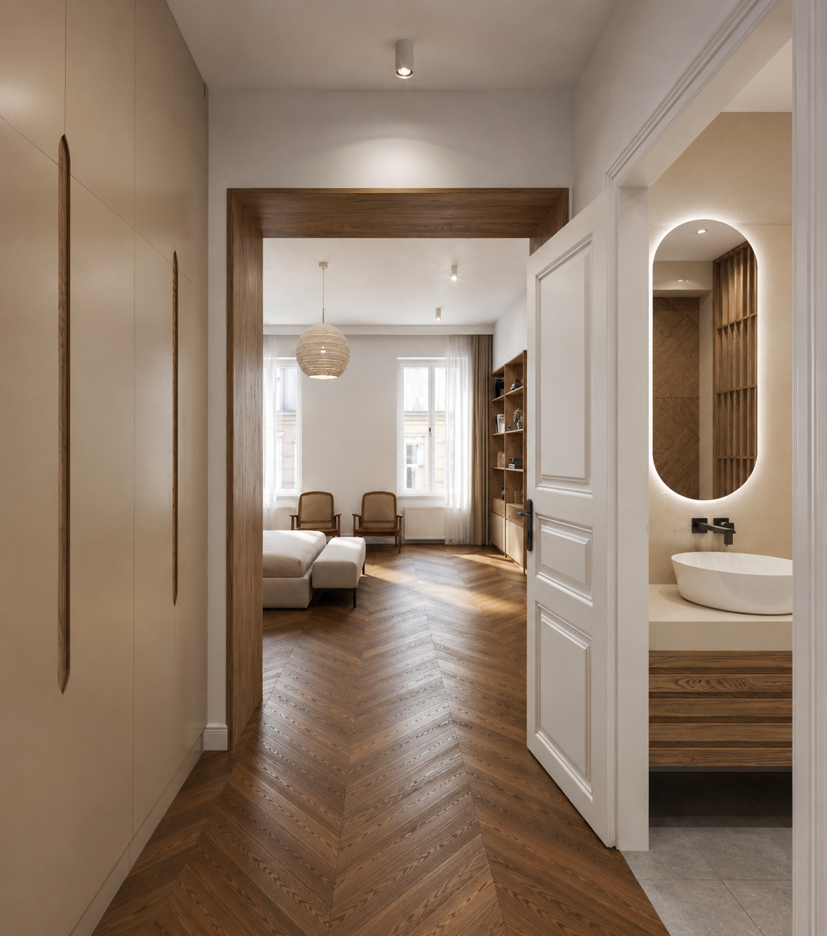 Corridor: sand-coloured built-in units with a long routed finger pull on the left, the bedroom through an oak-lined opening ahead, the bathroom with a backlit oval mirror to the right
