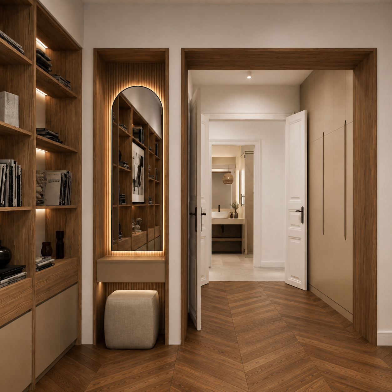 Dressing niche: reeded oak back panel, arched mirror lit all round, a narrow sand-coloured drawer and upholstered stool below, built-in shelving alongside and the bathroom through the open door