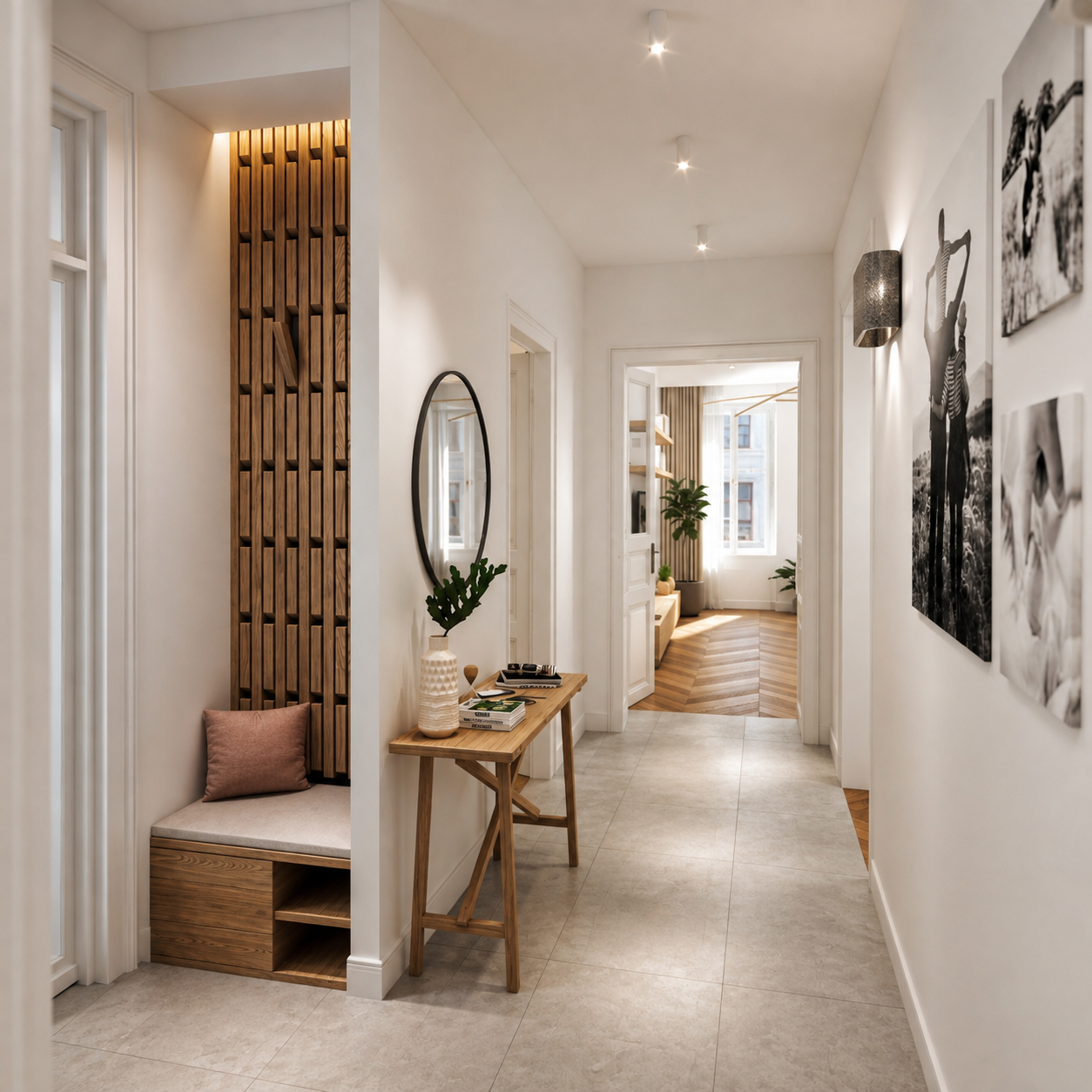 Entrance hall: slatted oak panel with concealed light above a built-in bench with a cushion, round mirror, narrow oak console, chevron floor visible beyond