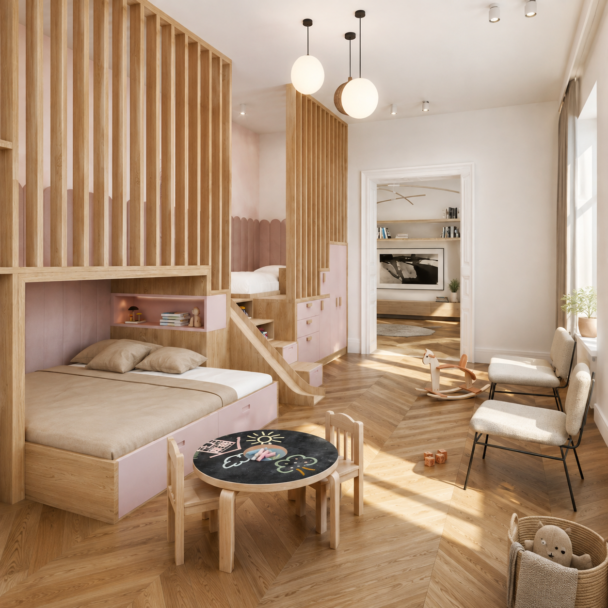 Second view of the children's room: lower bed with a pink upholstered headboard and a lit shelf, the upper bed behind the slatted screen, the living room through the door to the right