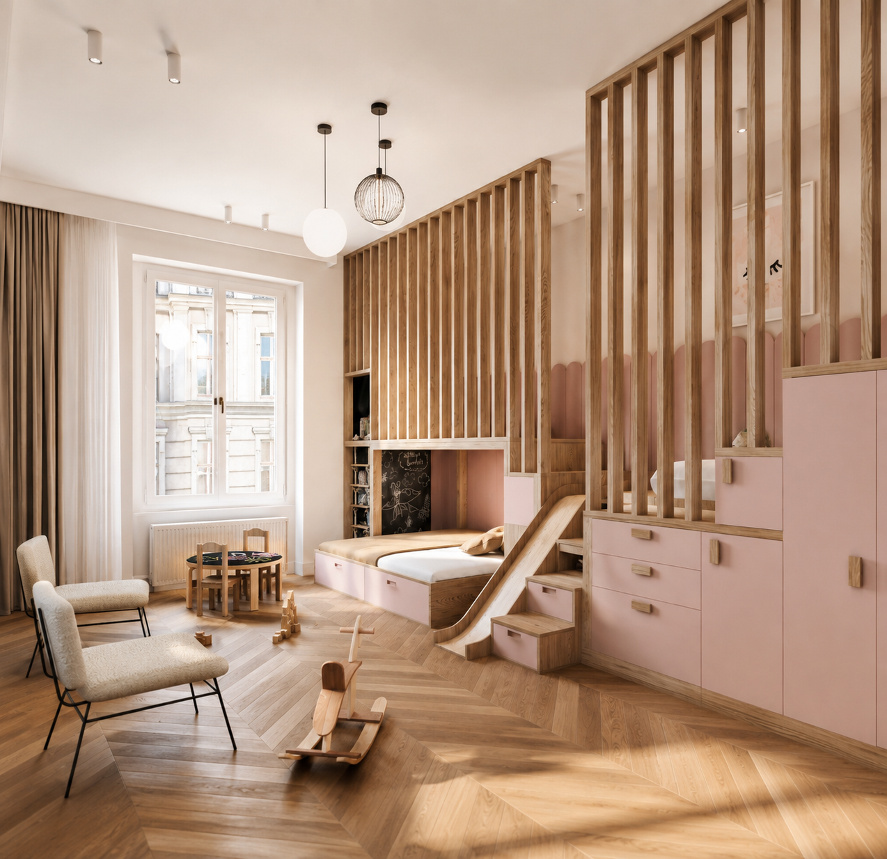 Children's room: raised bed with an oak slide and stepped drawers, screened by a slatted oak wall, pink fronts, scalloped wall panelling, a small play table with chairs