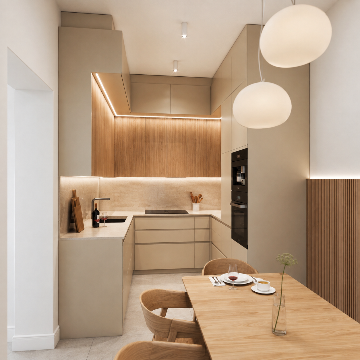 Kitchen with sand-coloured handleless fronts, oak wall units, concealed worktop lighting, an oak dining table alongside and a reeded oak panel on the wall