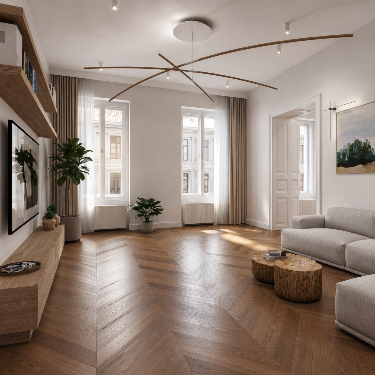 The living room in full: chevron oak floor, two windows with sheer curtains, pale modular sofa, log side tables, and the curved timber staves of the Bokken fitting overhead