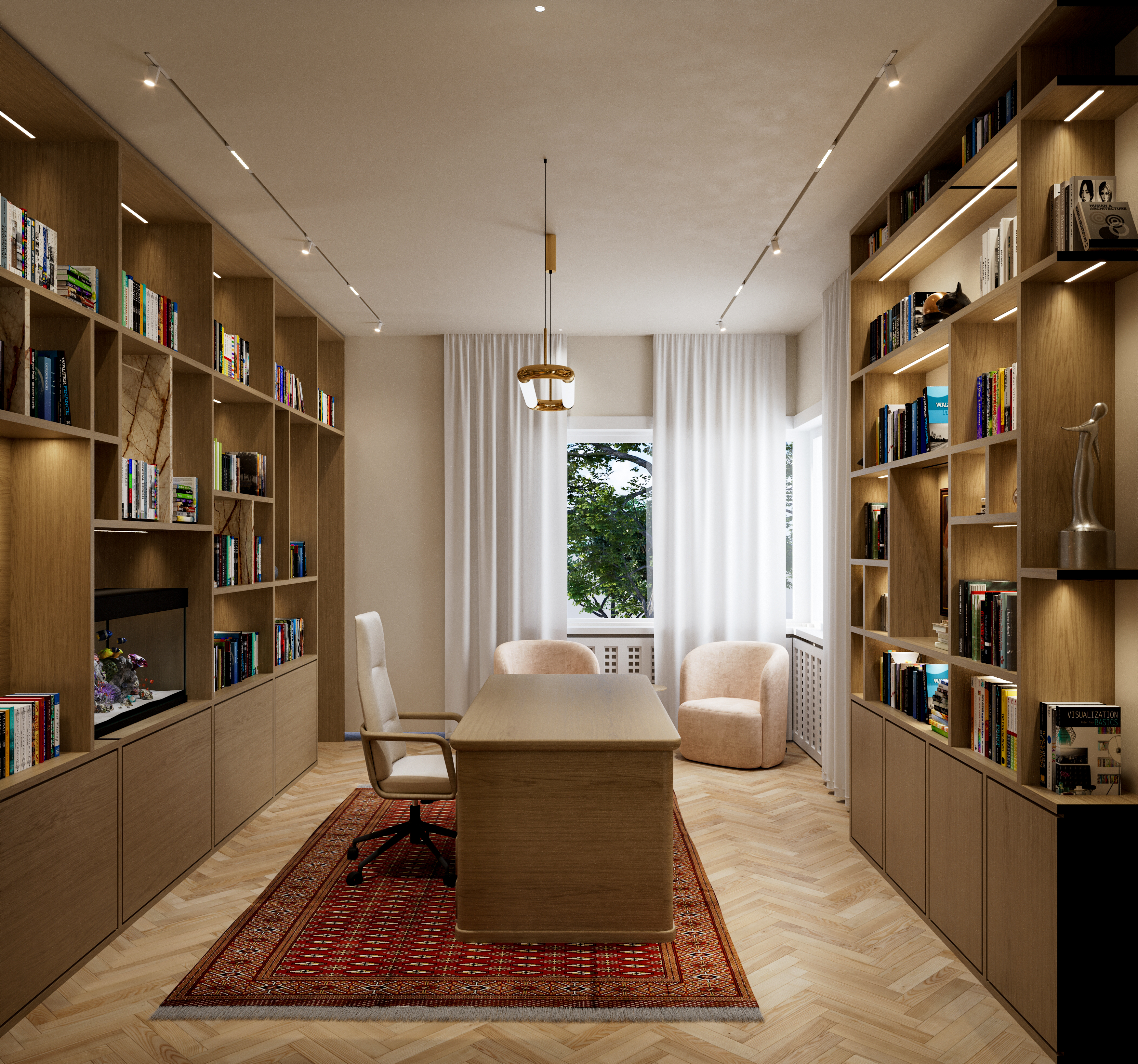 Oak shelving with bay-by-bay lighting and a desk in front of it