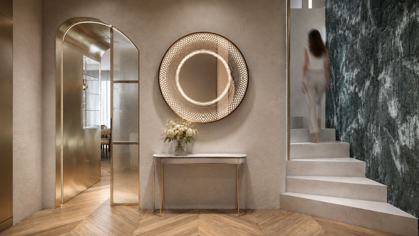 Visualisation of the Csopak holiday house entrance: an arched brass portal, a perforated lit mirror and a green marble stair wall