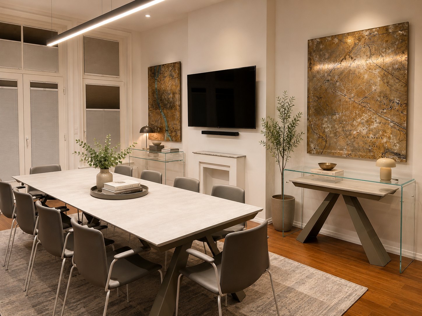 Meeting room in a terraced house in The Hague with archive maps printed on canvas