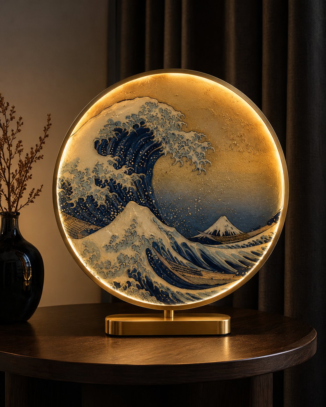 The Hokusai Ring table lamp switched on: a backlit blue-and-gold wave panel in a brass frame