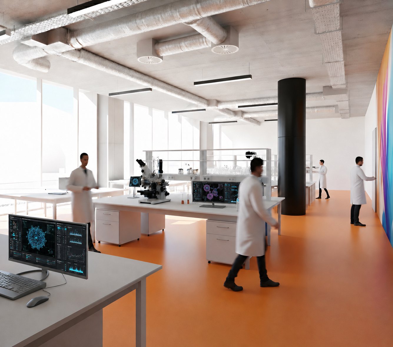 Research laboratory with orange floor, white benches and exposed services