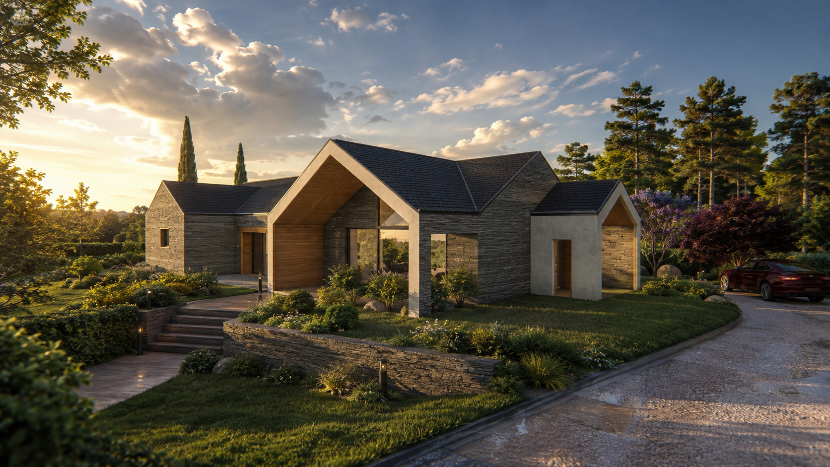 Visualisation of the Nagycsepely residence: gabled split-stone buildings under slate roofs on the hillside, with a timber-lined gable portal