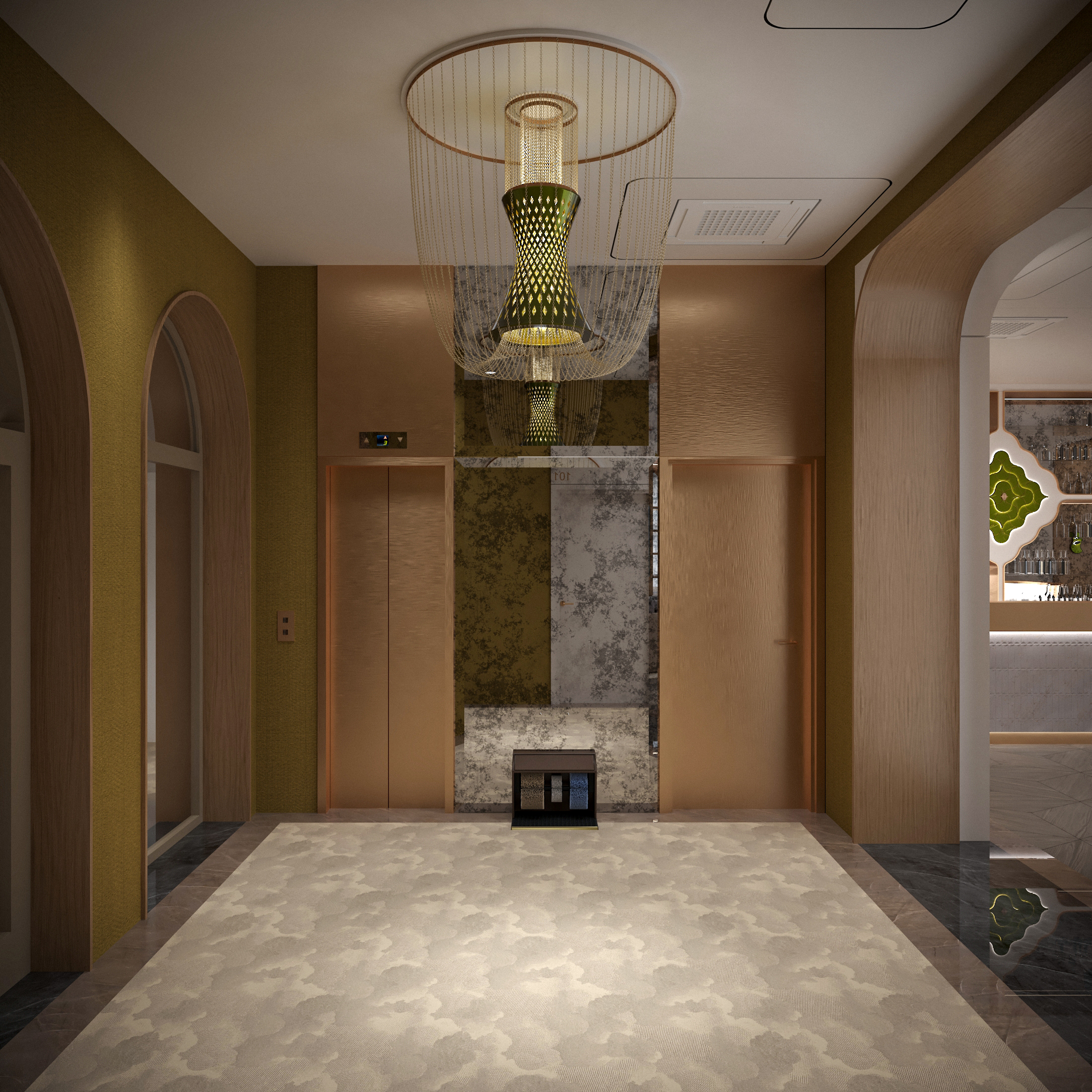 EOS Gravity chandelier in a hotel lift lobby: green-gold eosin-glazed porcelain body above a long gold chain curtain