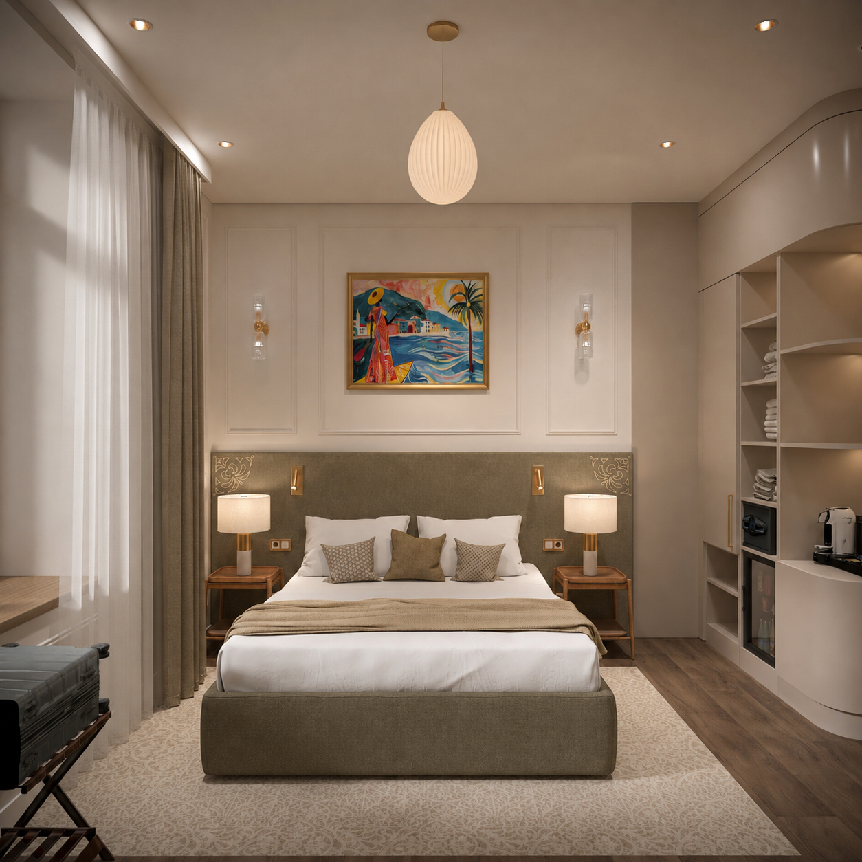 Opatija hotel room with a sage upholstered headboard, a colourful gilt-framed painting and fitted joinery