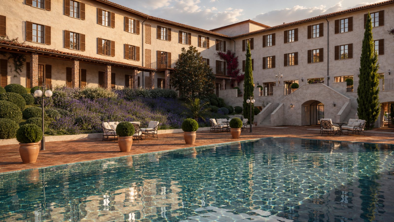 Volterrai borászati hotel belső udvara medencével