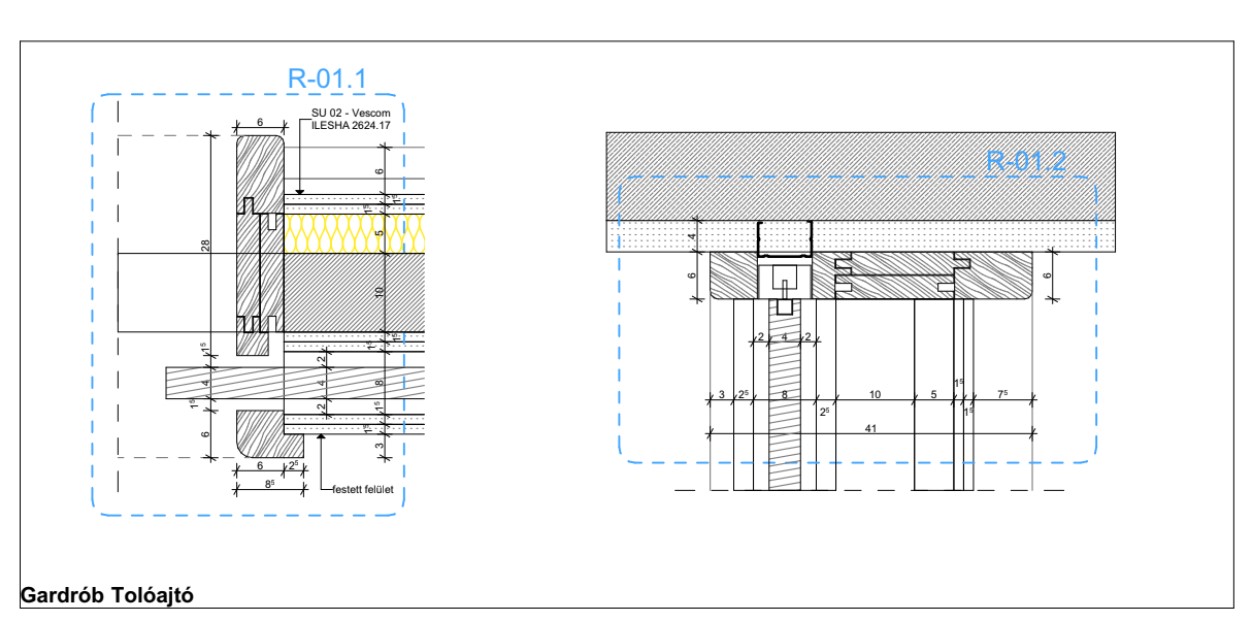 Wardrobe sliding-door junction detail, 1:5, vertical and horizontal section. The wall finish carries the code SU 02 – Vescom ILESHA 2624.17. Ren Design construction drawing, 2025.